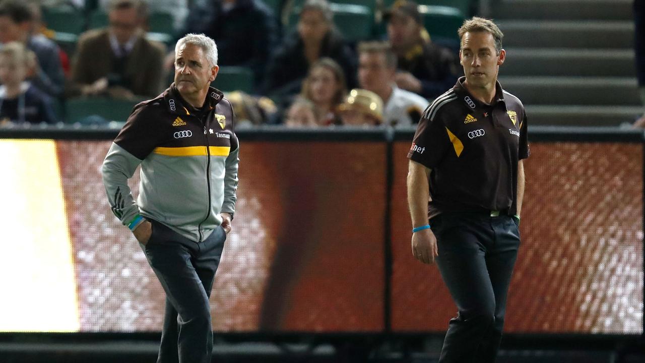 MELBOURNE, AUSTRALIA – MAY 20: Chris Fagan, Football Manager of the Hawks (left) and Alastair Clarkson, Senior Coach of the Hawks look onduring the 2016 AFL Round 09 match between the Hawthorn Hawks and the Sydney Swans at the Melbourne Cricket Ground on May 20, 2016 in Melbourne, Australia. (Photo by Michael Willson/AFL Media)