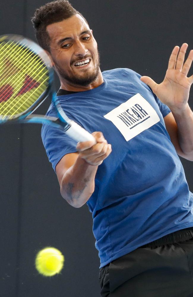 Nick Kyrgios practices at Pat Rafter Arena in Brisbane last week.