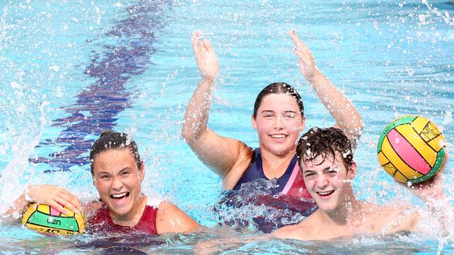 Bridget Leeson-Smith, Chelsea Johnson and Isaac Kyle-Little excited about the new broadcast deal between News Corp and Water Polo Australia. Photo Steve Pohlner