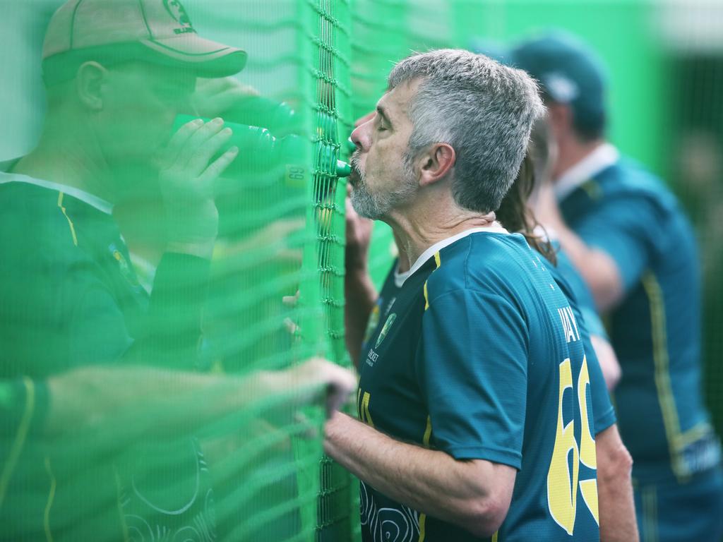 The Trans Tasman trophy for indoor cricket is being played on the Gold Coast at Ashmore. Australia v New Zealand Mens 50s . Aussie Rod May getting a drink. through the net Picture Glenn Hampson