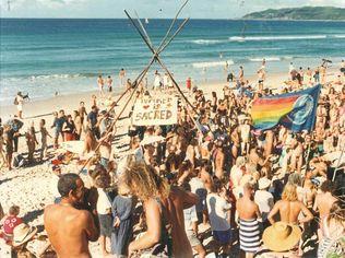 Getting it off. The Nude Ain't Rude rally on Belongil Beach. Photo Gary Chigwidden / Byron Shire News