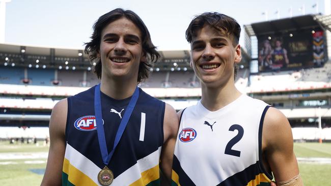 MELBOURNE, AUSTRALIA - SEPTEMBER 30: Ben Camporeale of Team Naitanui and Lucas Camporeale of Team Selwood pose for a photograph after the AFL Futures match between Team Selwood v Team Naitanui at Melbourne Cricket Ground, on September 30, 2023, in Melbourne, Australia. (Photo by Daniel Pockett/AFL Photos/via Getty Images)