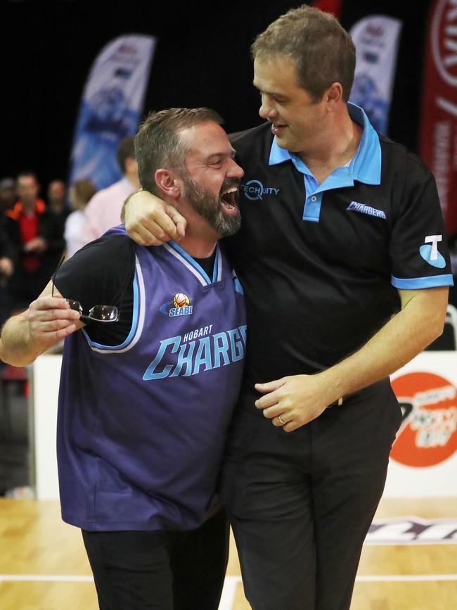 David Bartlett with Hobart Chargers Coach Anthony Stewart after the club defeated Geelong in the SEABL preliminary final last year Picture: NIKKI DAVIS-JONES