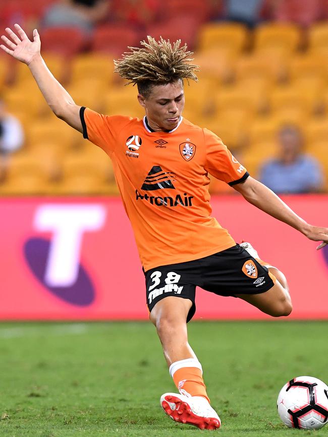 Izaack Powell on the pitch for Brisbane Roar during the round 18 A-League match between the Brisbane Roar and Sydney FC at Suncorp Stadium on February 08, 2019 in Brisbane, Australia. Picture: Bradley Kanaris/Getty Images.