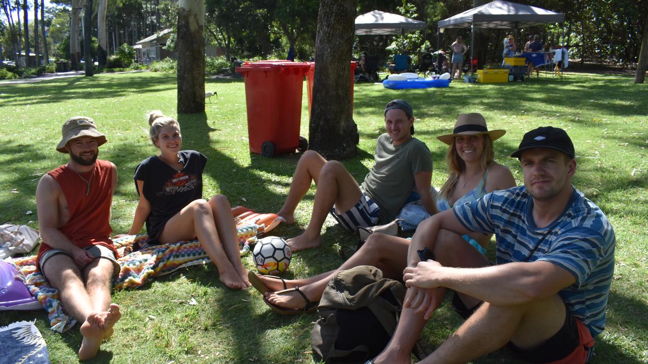 (L) Issac Presland, Molly Nicholas, James Banks, Lilly Say and Johnny Davidson enjoy Australia Day 2021 along the Esplanade in Hervey Bay. Photo: Stuart Fast