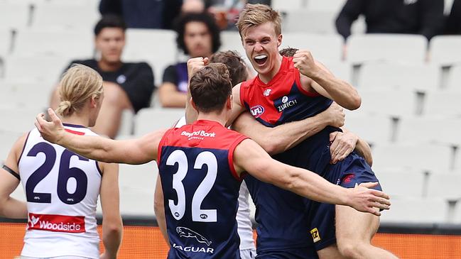 Debutant James Jordon celebrates his first AFL goal. Picture: Michael Klein