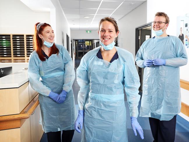 Registered Nurses Merrilyn Coy (l to r) Lara Hibbard and Thomas Edwards at the brand-new COVID-19 recovery unit at RNSH. Picture: Tim Hunter