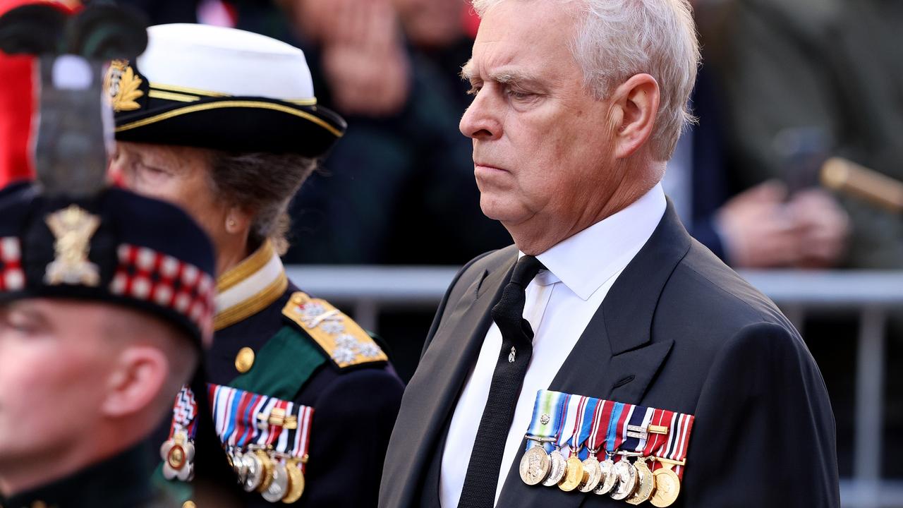 Prince Andrew, Duke of York, was heckled as he walked behind his mother’s coffin. (Photo by Robert Perry/Getty Images)