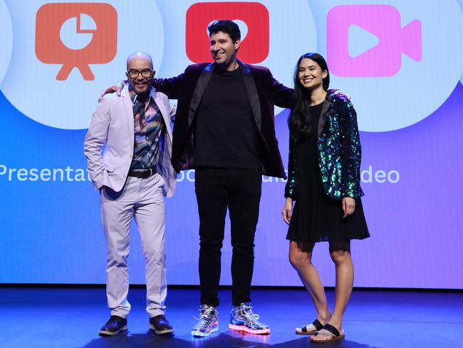 14/9/22: Canva co-founders Melanie Perkins, Cliff Obrecht and Cameron Adams speaking on-stage at Canva's Create event, announcing the next generation of their company. John Feder/The Australian.