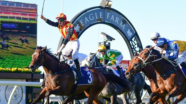 Kyle Wilson-Taylor scores his first Group 1 on Palaisipan in the Tattersall's Tiara at Eagle Farm in 2023. Picture: Grant Peters/Trackside Photography