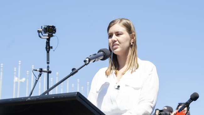 Brittany Higgins speaks at the Canberra Womens March 4 Justice on Monday. Picture: Jamila Toderas/Getty Images