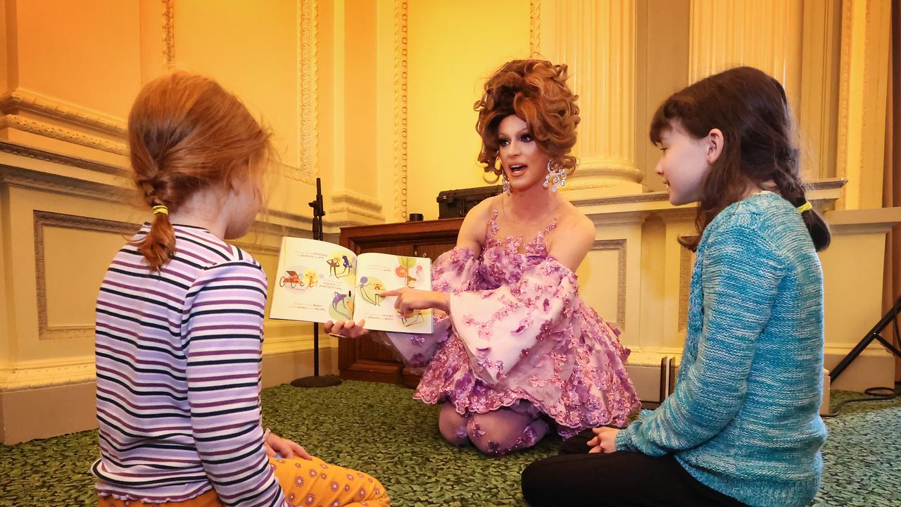 Drag Queens story time reading at Parliament House for IDAHOBIT Day. Picture: David Caird