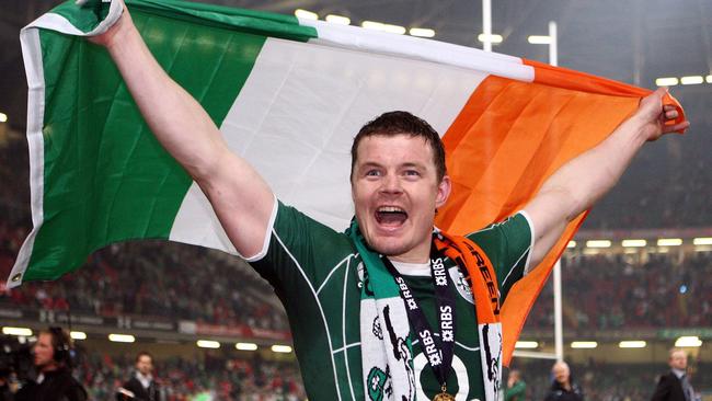 Irish star Brian O’Driscoll celebrates victory at the Millennium Stadium in Cardiff.