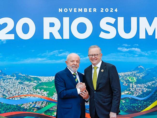 Brazil's President Luiz Inacio Lula da Silva shaking hands with Australia's Prime Minister Anthony Albanese. Picture: AFP