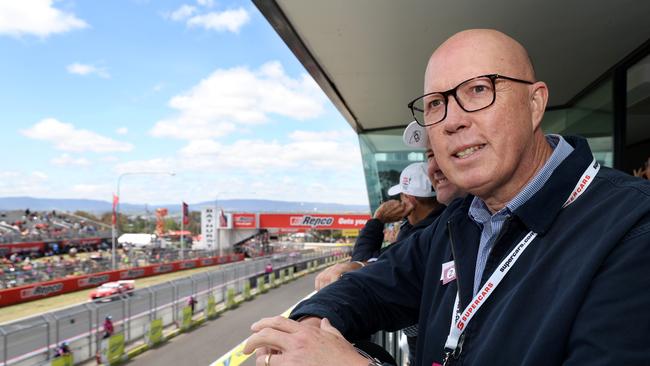 Peter Dutton pictured watching the Bathurst 1000 Supercar race on Sunday. Picture: NewsWire / Damian Shaw