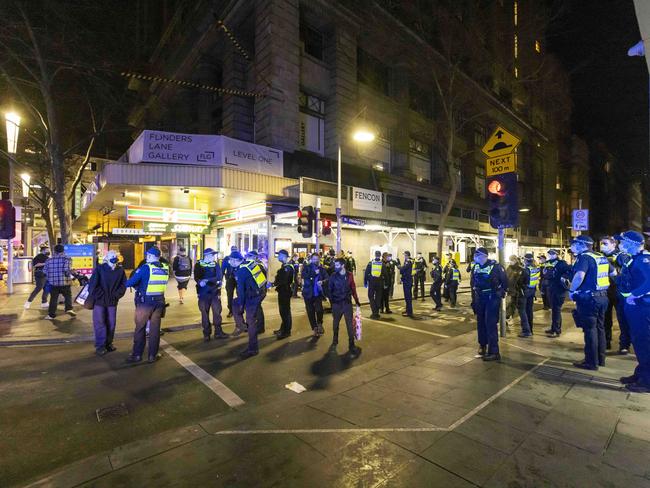 The aftermath of an anti-lockdown protest in Melbourne CBD on Thursday. Picture by Wayne Taylor.