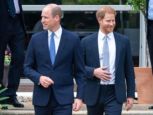 Prince William, Duke of Cambridge and Prince Harry, Duke of Sussex arrive for the unveiling of a statue of their mother, Princess Diana at The Sunken Garden in Kensington Palace last July. Picture: AFP