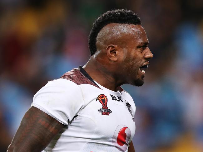 Akuila Uate celebrates Fiji’s win over New Zealand at the World Cup. Pic: Getty