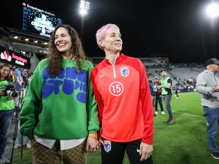 SAN DIEGO, CALIFORNIA - NOVEMBER 11: Megan Rapinoe #15 of OL Reign reacts with Sue Bird after losing to NJ/NY Gotham FC in the 2023 NWSL Championship game at Snapdragon Stadium on November 11, 2023 in San Diego, California. (Photo by Meg Oliphant/Getty Images)