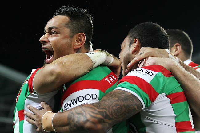 NRL Round 13 - Bulldogs v Rabbitohs: John Sutton of the Rabbitohs celebrates a try by Justin Hunt. Picture: Mark Nolan/Getty Images