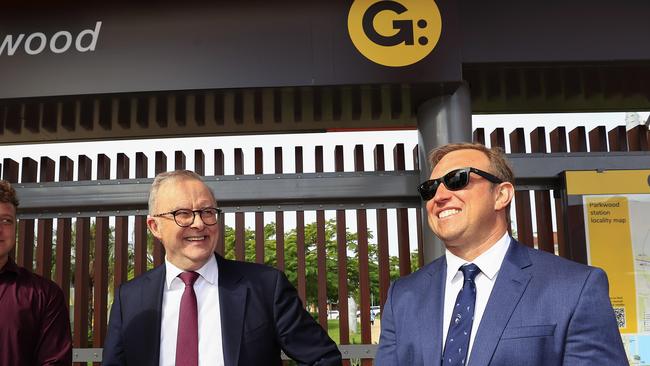 Premier Steven Miles and Prime Minister Anthony Albanese at the G-Link station at Parkwood. Pic: Adam Head