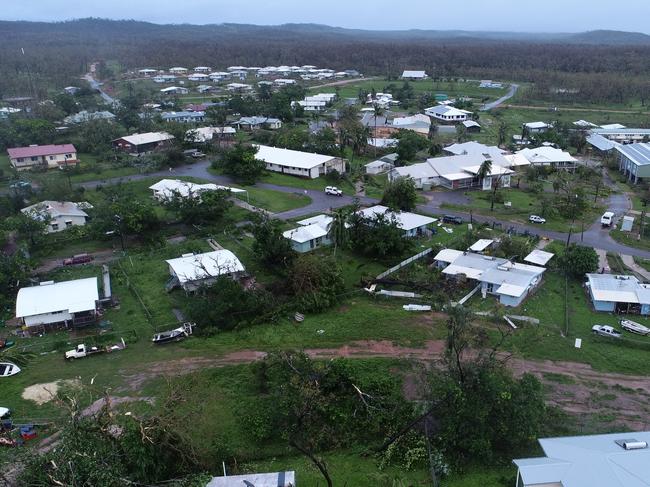 A still from drone footage of Lockhart River after Cyclone Trevor passed just south of the town. Picture: Queensland Fire and Emergency Services