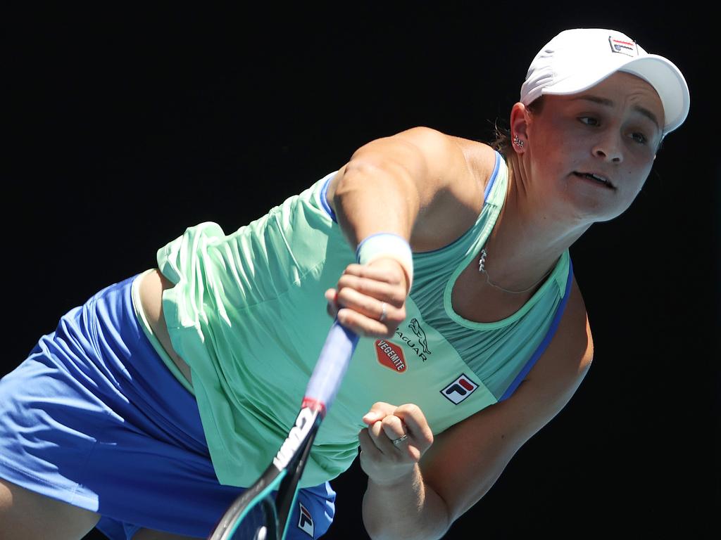 Australian Open Day 11. 30/01/2020. Ash Barty vs Sofia Kenin. Ash Barty serves. Pic: Michael Klein