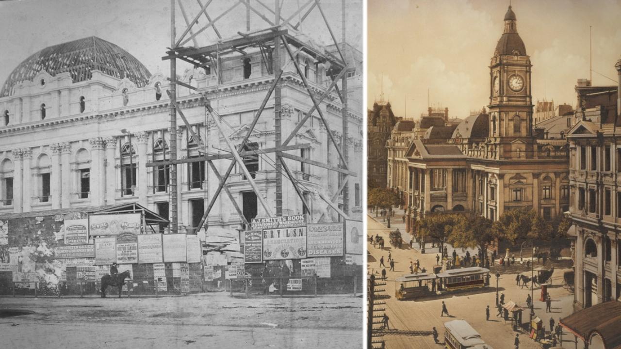 Melbourne Town Hall, designed by Joseph Reed, under construction in the 1880s, and in 1910 after its completion. Pictures: State Library of Victoria