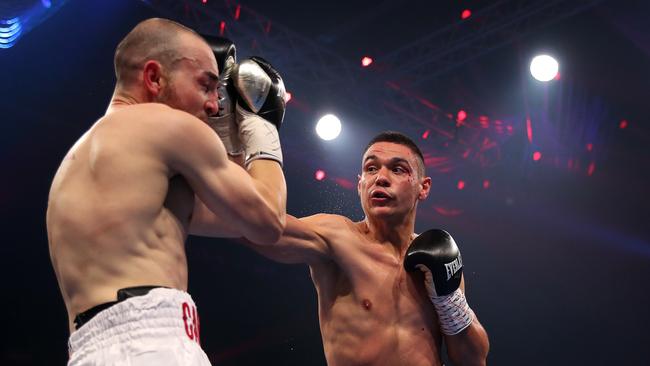 Tim Tszyu punches Joe Camilleri during their Australian super welterweight title bout at The Star. Picture: Cameron Spencer/Getty Images