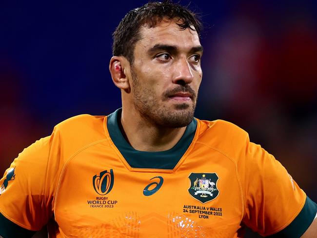 LYON, FRANCE - SEPTEMBER 24: Richard Arnold of Australia reacts following the Rugby World Cup France 2023 match between Wales and Australia at Parc Olympique on September 24, 2023 in Lyon, France. (Photo by Chris Hyde/Getty Images)