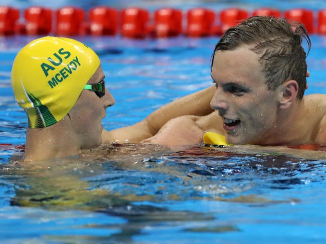 Cameron McEvoy (L) congratulates Kyle Chalmers after he won gold in 2016. Picture: Al Bello/Getty Images