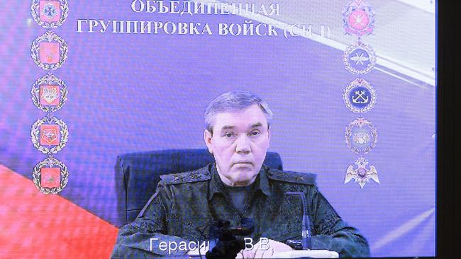 Chief of the General Staff of the Armed Forces of the Russian Federation, Valery Gerasimov is seen on a screen as he remotely joins a meeting with heads of law enforcement agencies to address the situation in the Kursk region. Picture: Gavriil Grigorov/Pool/AFP