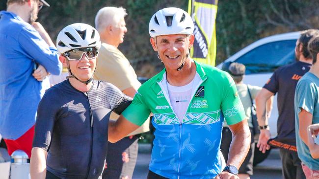 Winner Pete Arnott (L) and fellow finisher John Da Costa in the Annual Gran Fondo finishing at Darwin Waterfront. Picture: Glenn Campbell