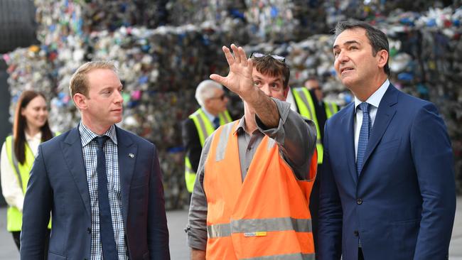 Premier Steven Marshall, Environment Minister David Speirs (left) and Recycling Plastics Australia chief executive officer Stephen Scherer at the company in March, 2019. Picture: David Mariuz.