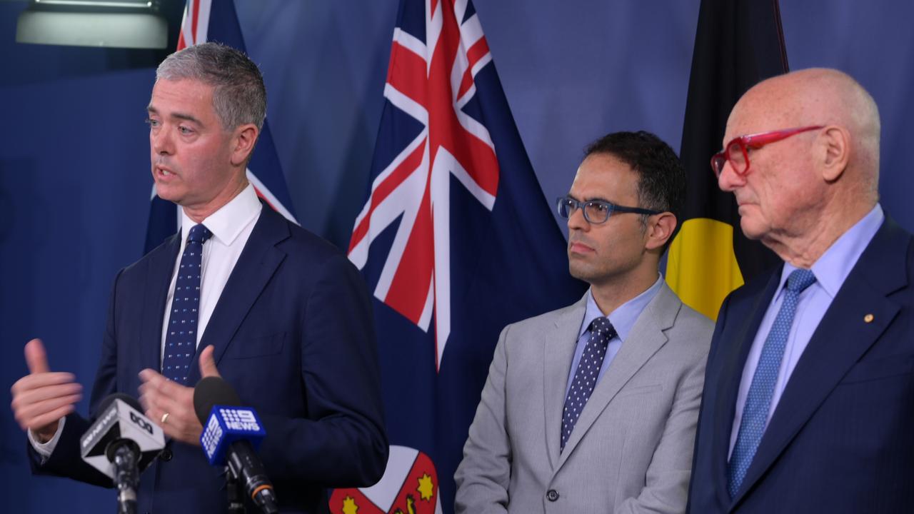 Roads Minister John Graham NSW Treasurer Daniel Mookhey, and Professor Alan Fels at a press conference regarding Sydney Tolls. Picture: NSW GOV via NCA NewsWire