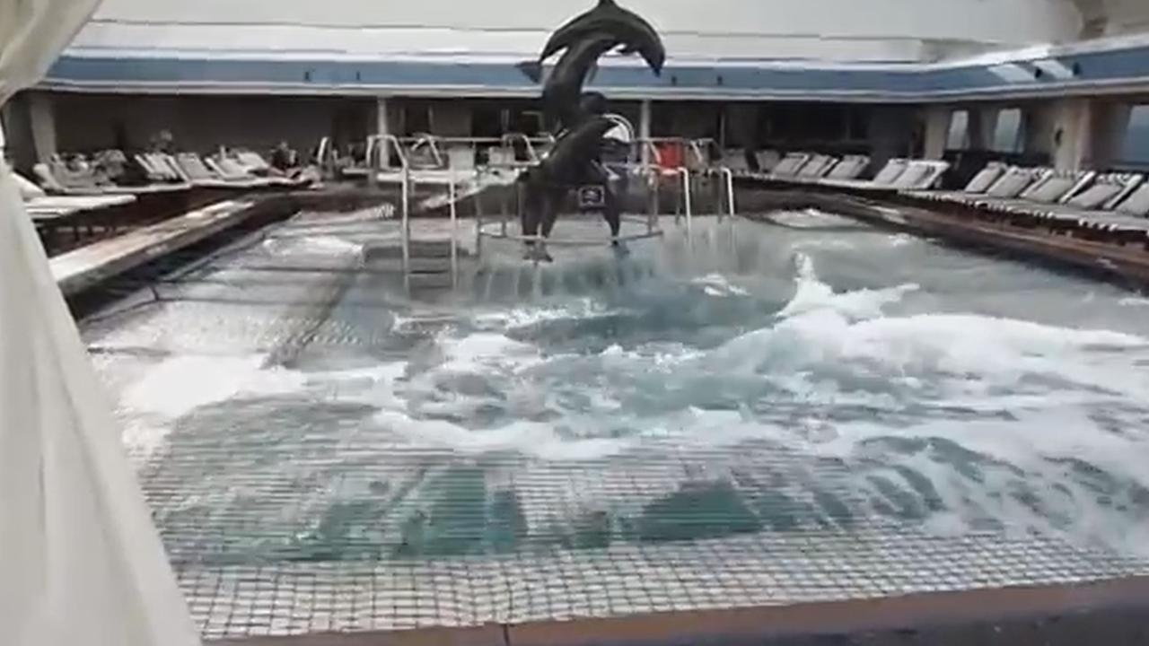 Water violently sloshes about in the on-board pool during the so-called ‘cruise from hell’.