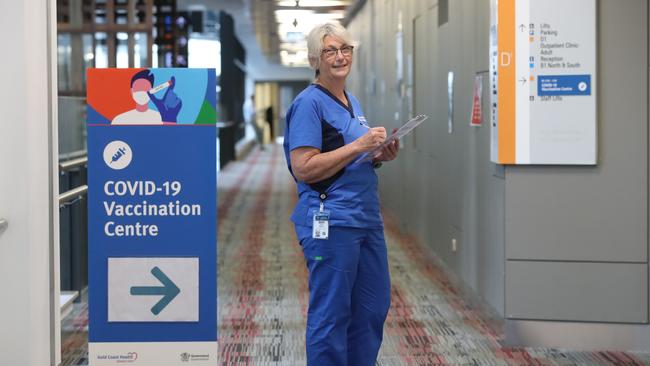 Kym Watkins at the Gold Coast University Hospital Covid-19 Vaccination Centre. Picture: Glenn Hampson.