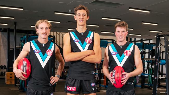 Port Adelaide's mid-season draftees. Mani Liddy, Harry Ramm and Ewan Mackinlay. Credit: Brooke Bowering