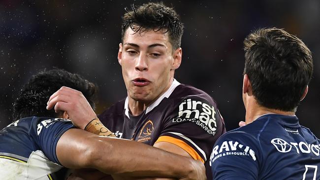 Jordan Riki of the Broncos is tackled during the round 20 NRL match between the Brisbane Broncos and the North Queensland Cowboys at Suncorp Stadium, on July 30, 2021, in Brisbane, Australia. (Photo by Albert Perez/Getty Images)