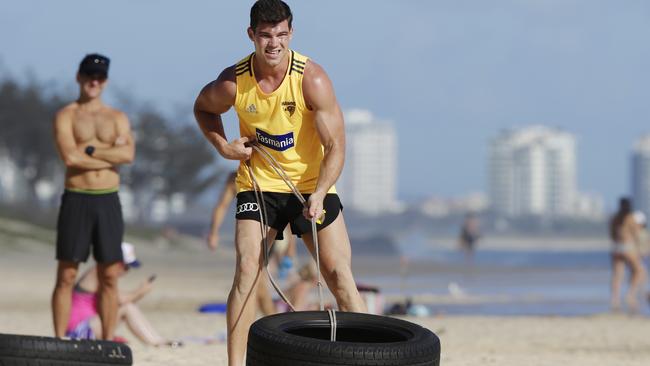 Jaeger O’Meara in action during Hawthorn’s pre-season camp in Mooloolaba. Picture: Lachie Millard