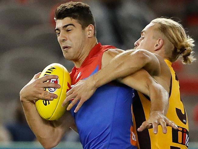 MELBOURNE, AUSTRALIA - FEBRUARY 16: Christian Petracca of the Demons is tackled by James Worpel of the Hawks during the AFLX Grand Final match between the Melbourne Demons and the Hawthorn Hawks at Etihad Stadium on February 16, 2018 in Melbourne, Australia. (Photo by Michael Willson/AFL Media/Getty Images)