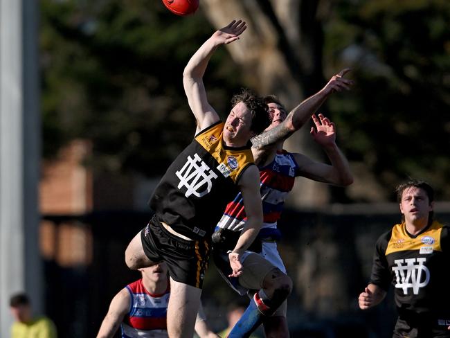 WRFL: Werribee Districts’ Ben Mcmahon and Mitchal Cunningham of Point Cook. Picture: Andy Brownbill