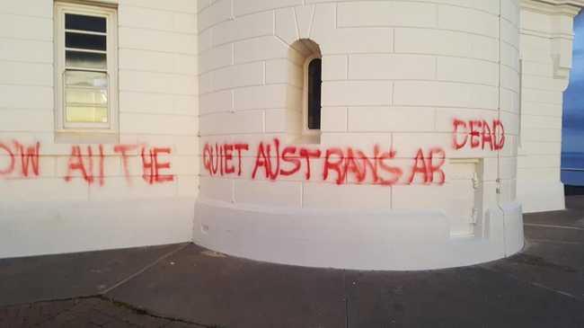 Locals wake to find the Byron Bay lighthouse vandalised on Friday morning.