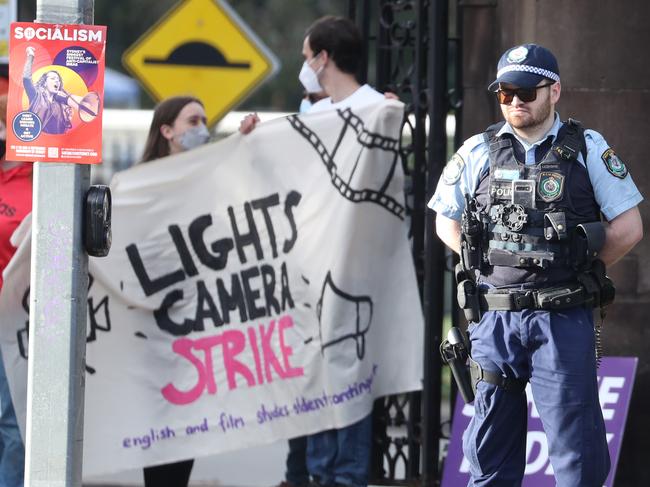 Students block the entrance to the University of Sydney at Ross St entrance during a protest. Picture: John Grainger