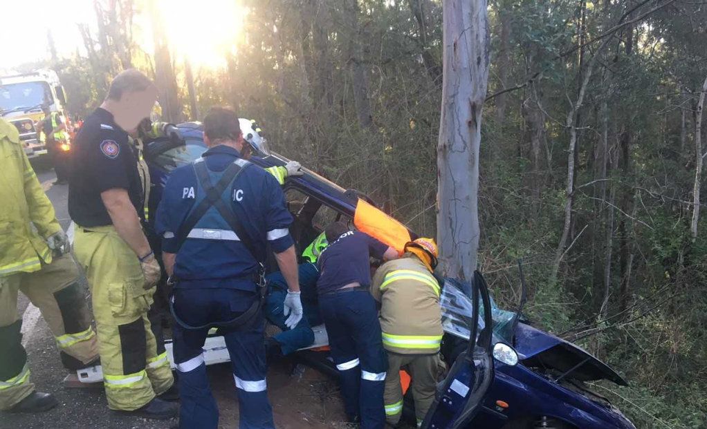 A man suffered multiple injuries after losing control of his car at Ravensbourne. Picture: RACQ LifeFlight Rescue