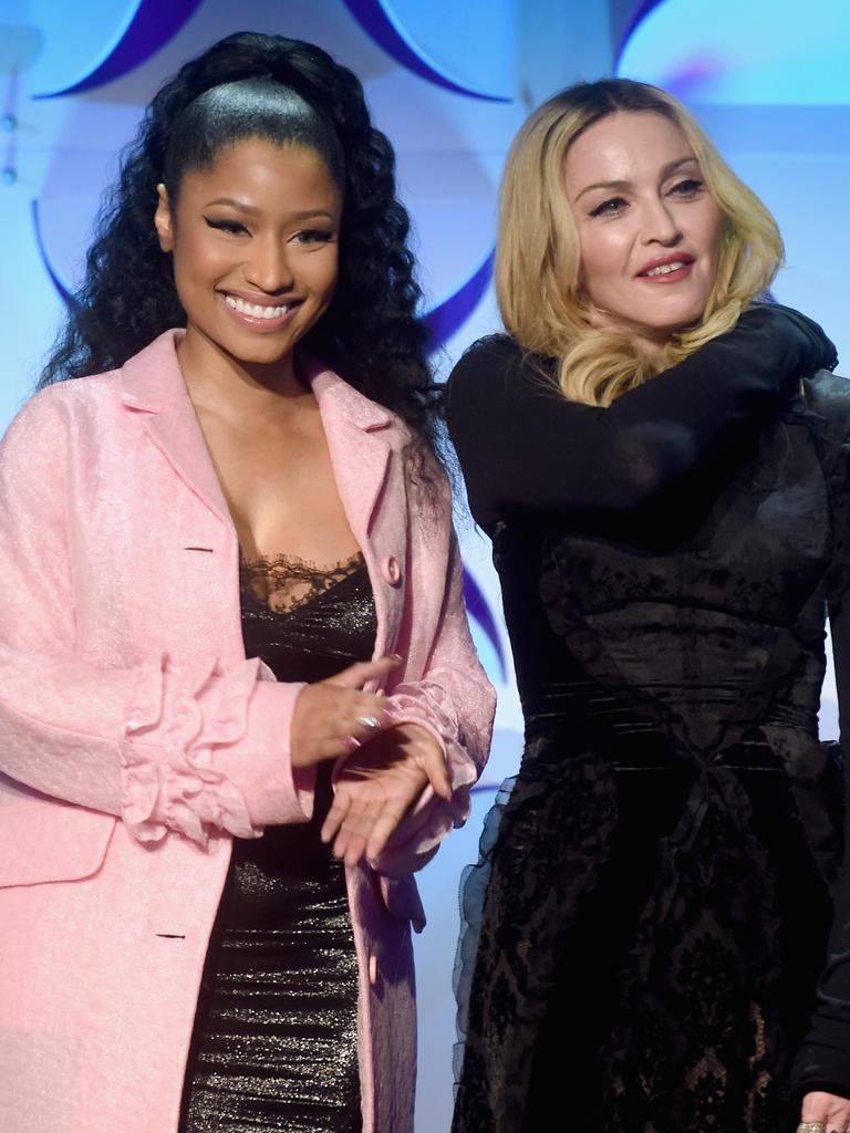 Nicki Minaj and Madonna onstage at Tidal launch event #TIDALforALL at Skylight at Moynihan Station in New York City. Picture: Getty