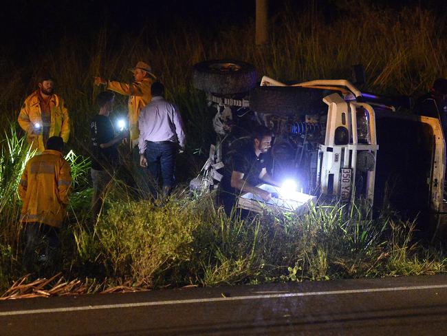 Emergency services have responded to what was reported to be an explosion on the Bruce Highway after a vehicle rolled at Nome, nearby the Bush Oasis Caravan Park. PICTURE: MATT TAYLOR.