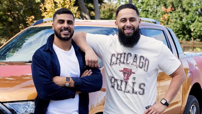 The Block contestant Omar Slaimankhel (left, with his teammate Oz) was driving with alleged drug importer Mostafa Baluch when he cut off his ankle bracelet and went on the run last year. Picture: Nine Network