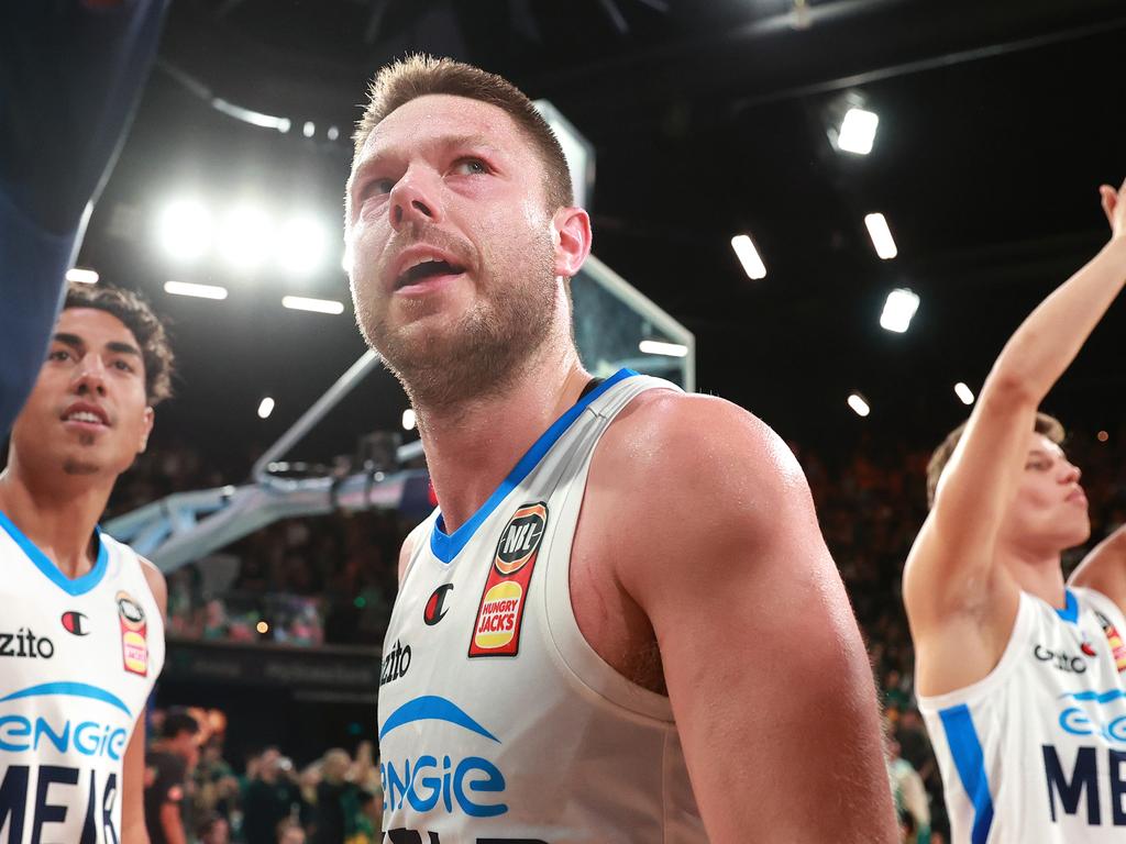 Matthew Dellavedova and Melbourne United celebrate their win in Tasmania. Picture: Getty Images