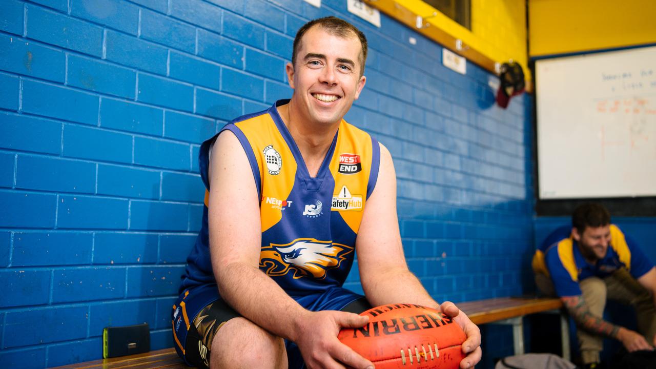 Elizabeth footballer Jason Sanderson at his home ground, he is back to playing football after overcoming Hodgkin lymphoma and working hard to be physically able to play the game again, Adelaide, Saturday, June 1, 2019. (AAP Image/ Morgan Sette)